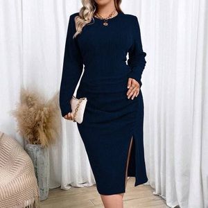 Frenchy Plus Solid Split Thigh Dress Navy Blue 2XL